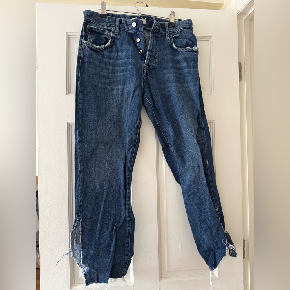 Zara Blue Straight Leg Jeans Open Hem Slit Size 8 — 90s Minimal Denim Style